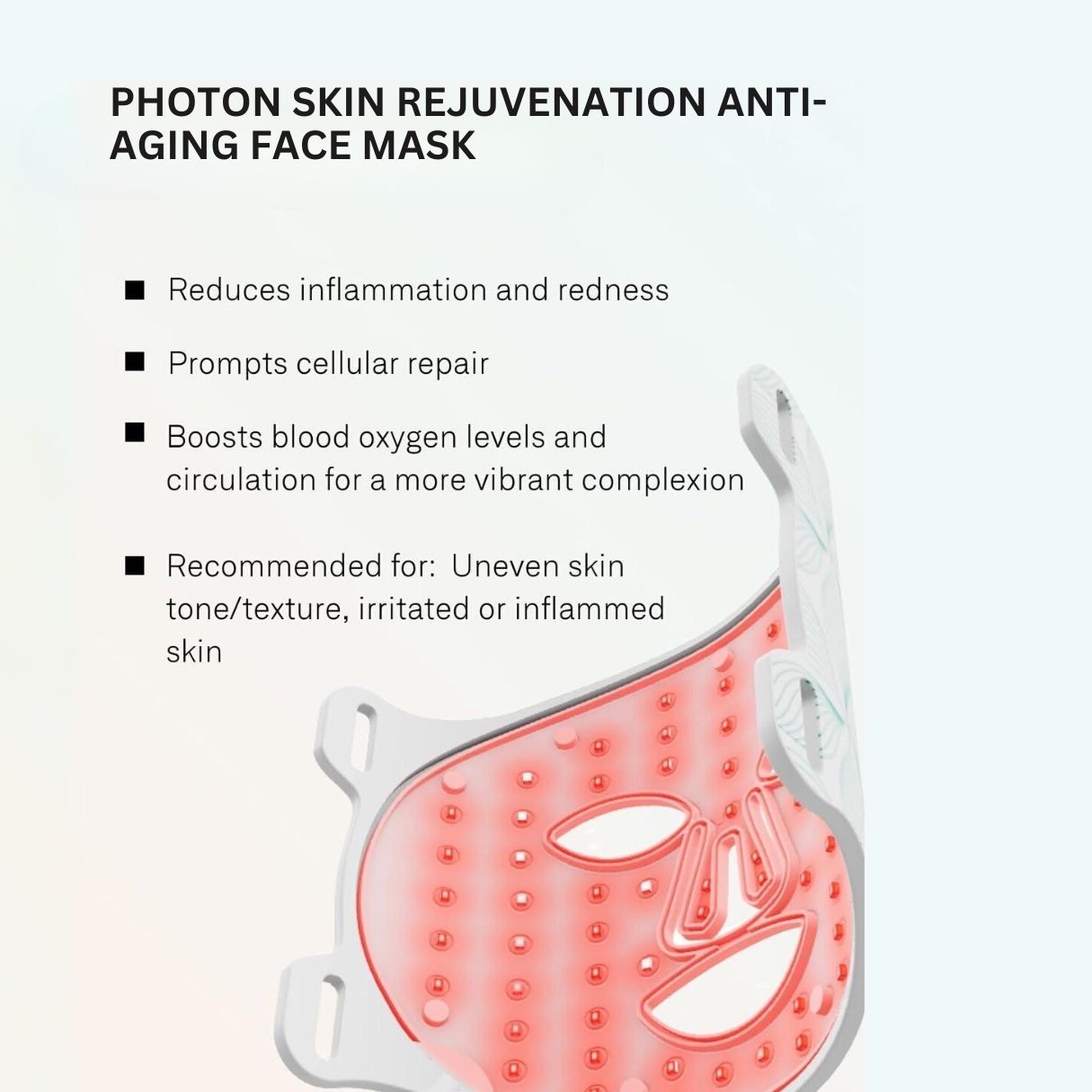 Photon-Gesichtsmaske mit roten LEDs. Text: Reduziert Entzündungen, fördert Zellreparatur, verbessert Durchblutung.