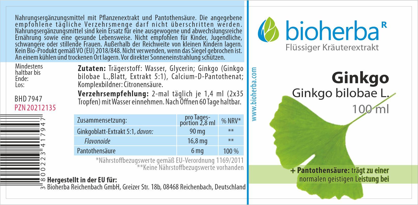 Bioherba GINKGO Ginkgo bilobae L. Tropfen Tinktur