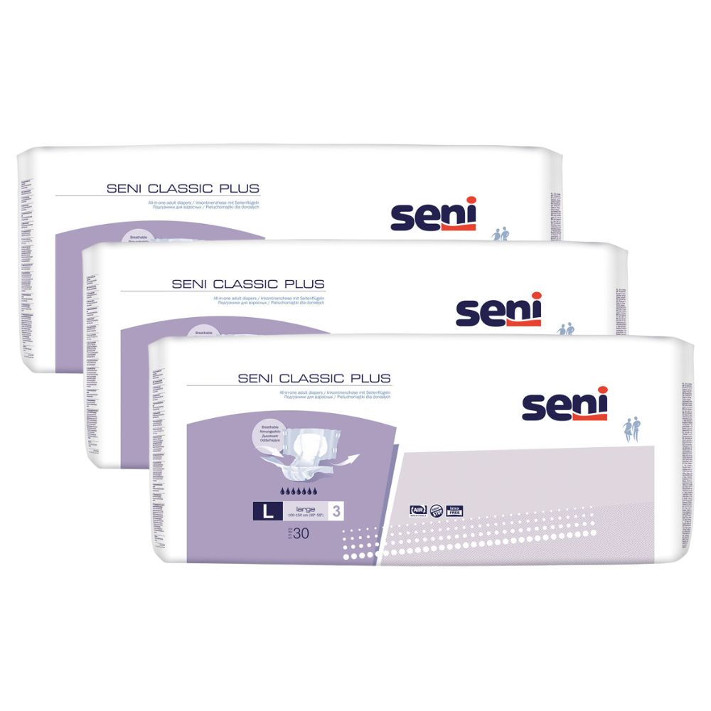Drei Packungen Seni Classic Plus Inkontinenzhose. Weiße Verpackung mit lila Akzenten. Seni-Logo und Produktbezeichnung deutlich sichtbar.