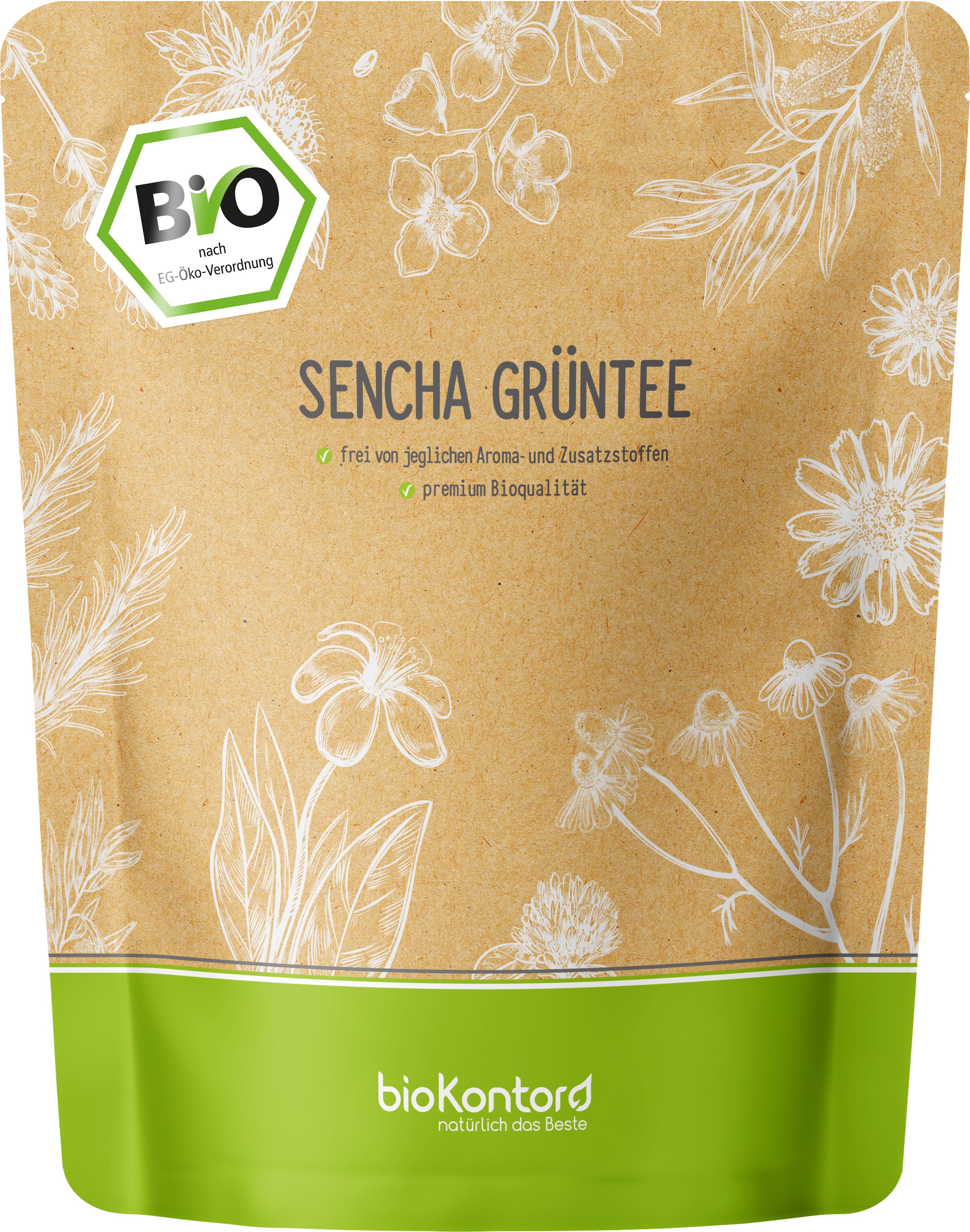 Sencha Grüntee-Packung. Braune Papiertüte mit grünem Streifen und floralen Illustrationen. Bio-Logo.
