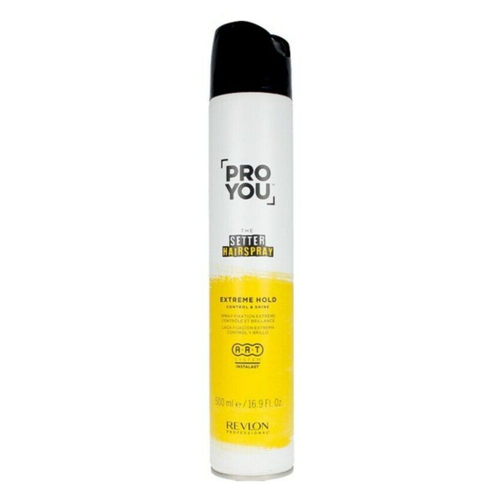 Haarspray-Dose. Weiß, gelb und schwarz. Aufschrift: PRO YOU, THE SETTER HAIRSPRAY, EXTREME HOLD. Marke: Revlon.