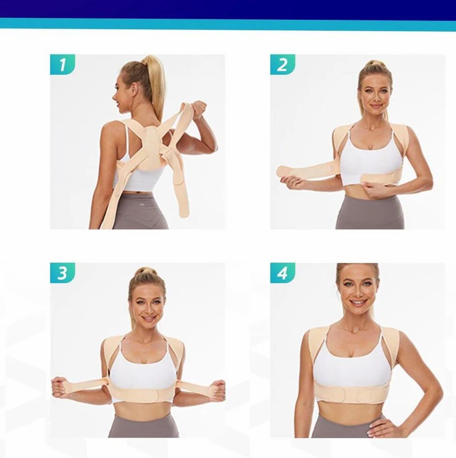 Haltungskorrektor. Beige. Schritte 1-4 zur Anwendung. Frau zeigt Anwendungsschritte. VITALIC Logo.