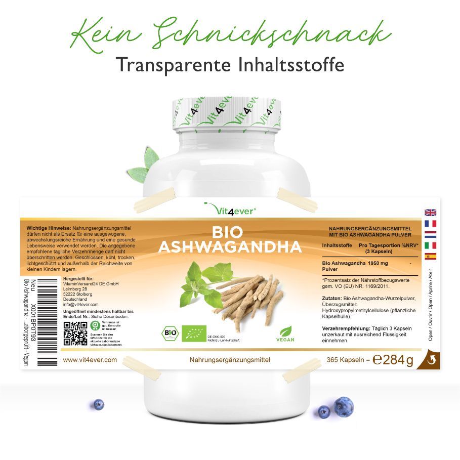 Produktverpackung mit Etikett. Aufschrift: BIO ASHWAGANDHA. Enthält Informationen zu Inhaltsstoffen und Dosierung. 365 Kapseln.