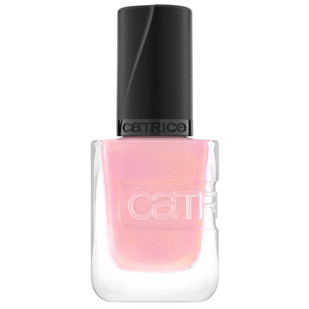 Nagellackflasche, rosa Farbton, geschlossener Deckel. Marke Catrice am Flaschenhals.