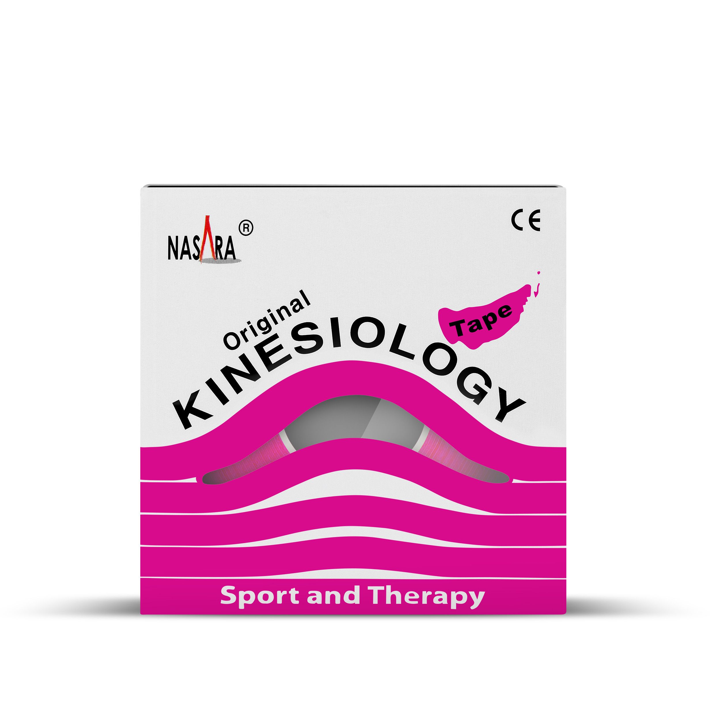 Box mit NASARA Kinesiologie Tape. Pinkfarbene Streifen. CE-Kennzeichnung. Aufschrift: Original Kinesiology Tape.