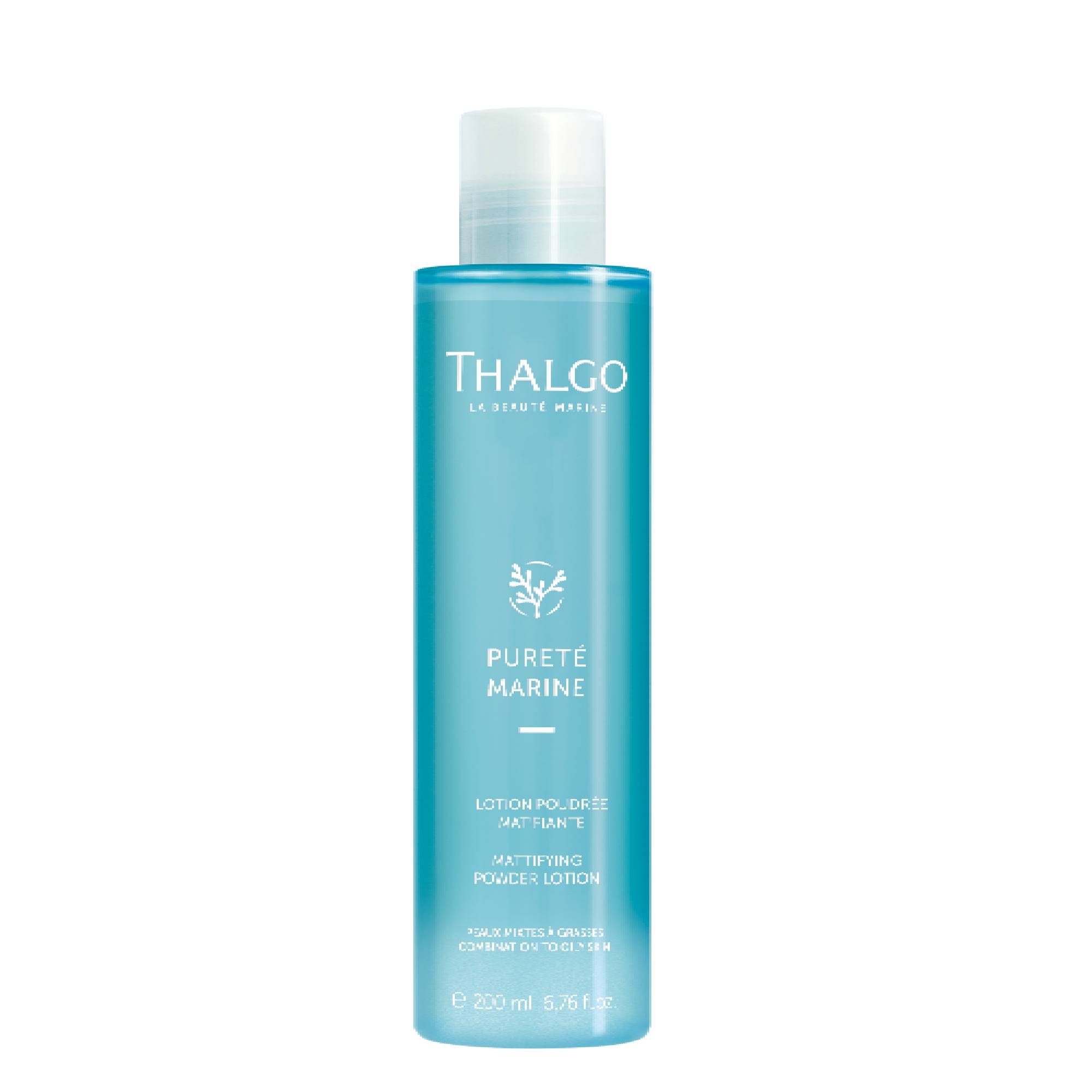 Türkisblaue Flasche mit weißem Deckel. Aufschrift THALGO, PURETE MARINE und MATTIFYING POWDER LOTION. 200 ml.