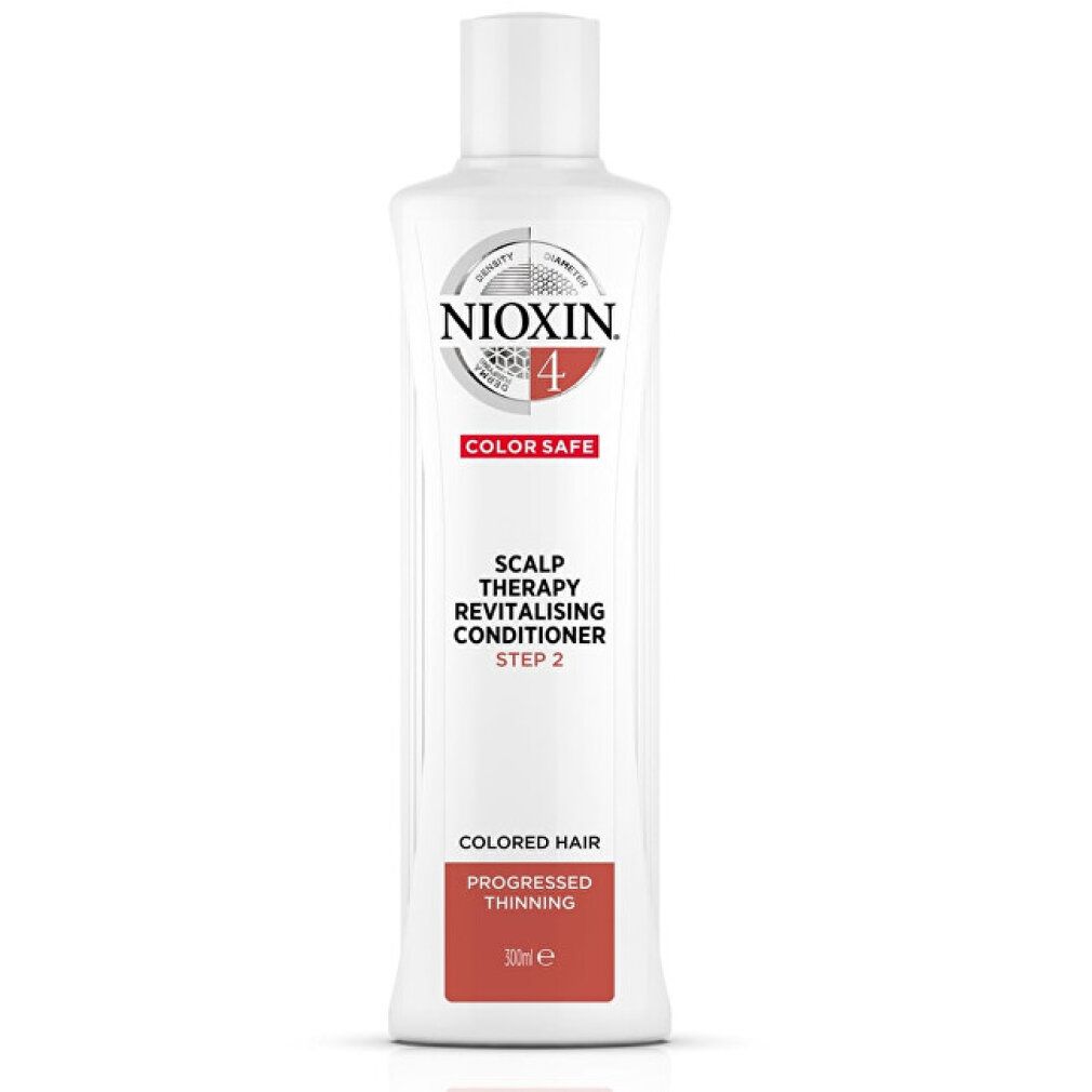 Weiße Flasche mit Nioxin-Logo und "4". Rotes Etikett mit "COLOR SAFE". Text: "SCALP THERAPY REVITALISING CONDITIONER STEP 2".