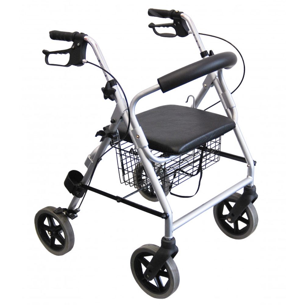 Leichtgewichtrollator mit Sitz, Korb und Handbremsen. Silberfarbener Aluminiumrahmen.