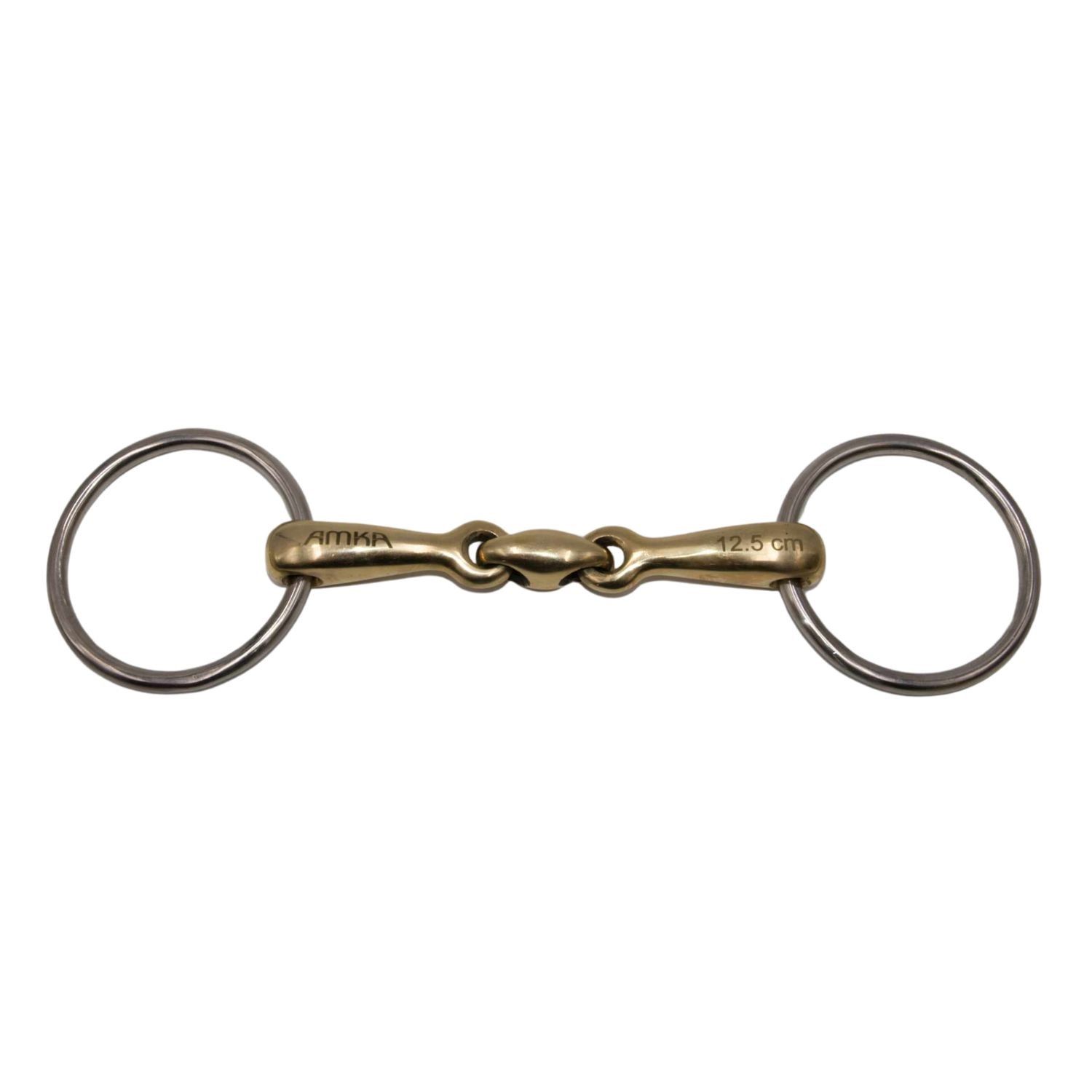 AMKA Wassertrense. Metall, goldfarbenes Mundstück, silberne Ringe. Größe 12,5 cm. Ringtrense.