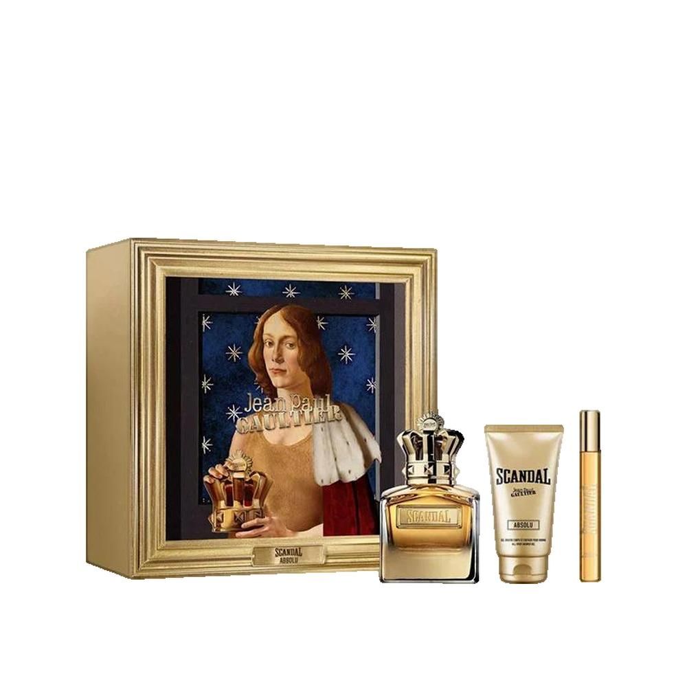 Geschenkset mit Parfumflakon, Duschgel und Roll-on. Flakon mit Kronenverschluss. Goldfarbene Verpackung mit Porträt.