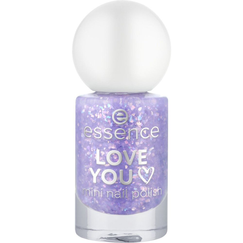 Essence Mini-Nagellack, lila mit Glitzer. Aufschrift: Love You. Flasche mit weißem Deckel.
