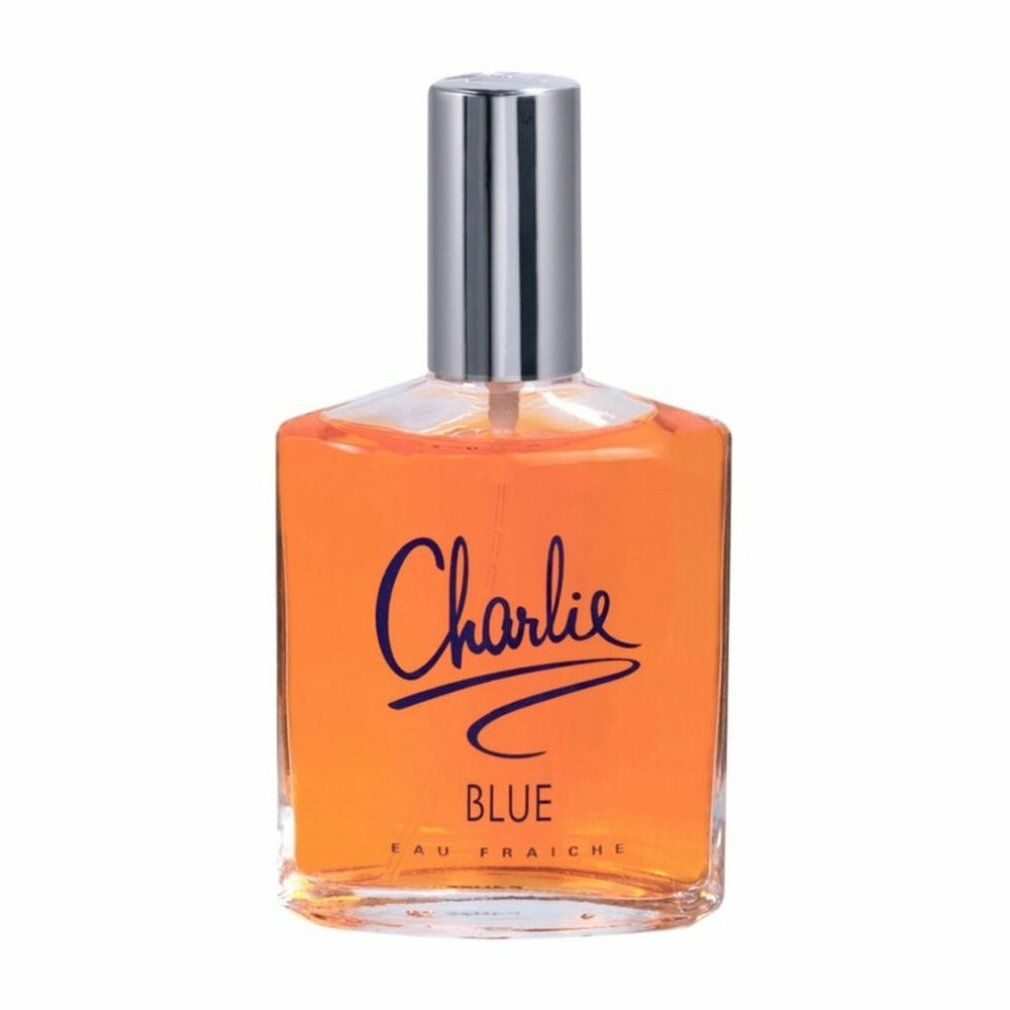 Flakon von Charlie Blue Eau Fraiche. Aufschrift Charlie Blue. Transparenter Flakon mit silbernem Verschluss.