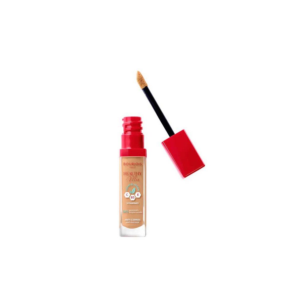 Concealer-Fläschchen mit rotem Deckel und Applikator. Aufschrift: Bourjois Healthy Mix Vitamines. Farbton: 54-Sun Bronze.