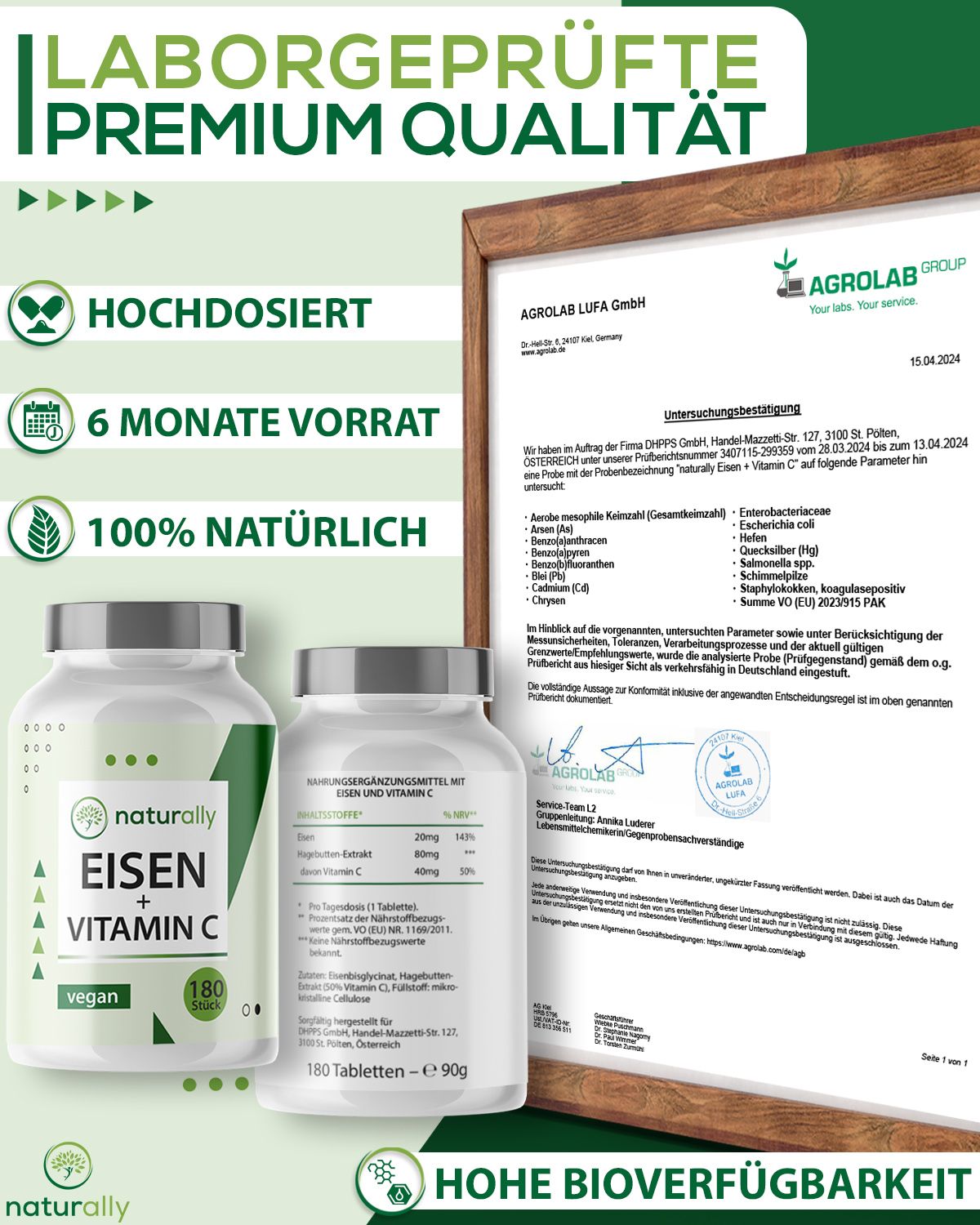 naturally Eisen und Vitamin C | 20mg Eisenbisglycinat, 40mg Vitamin C
