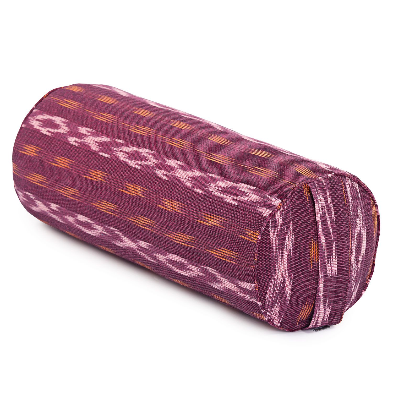 ETHNO Collection: Yoga-Bolster (rund), Ikat-Webstoff, weinrot gem., Dinkelhülsen