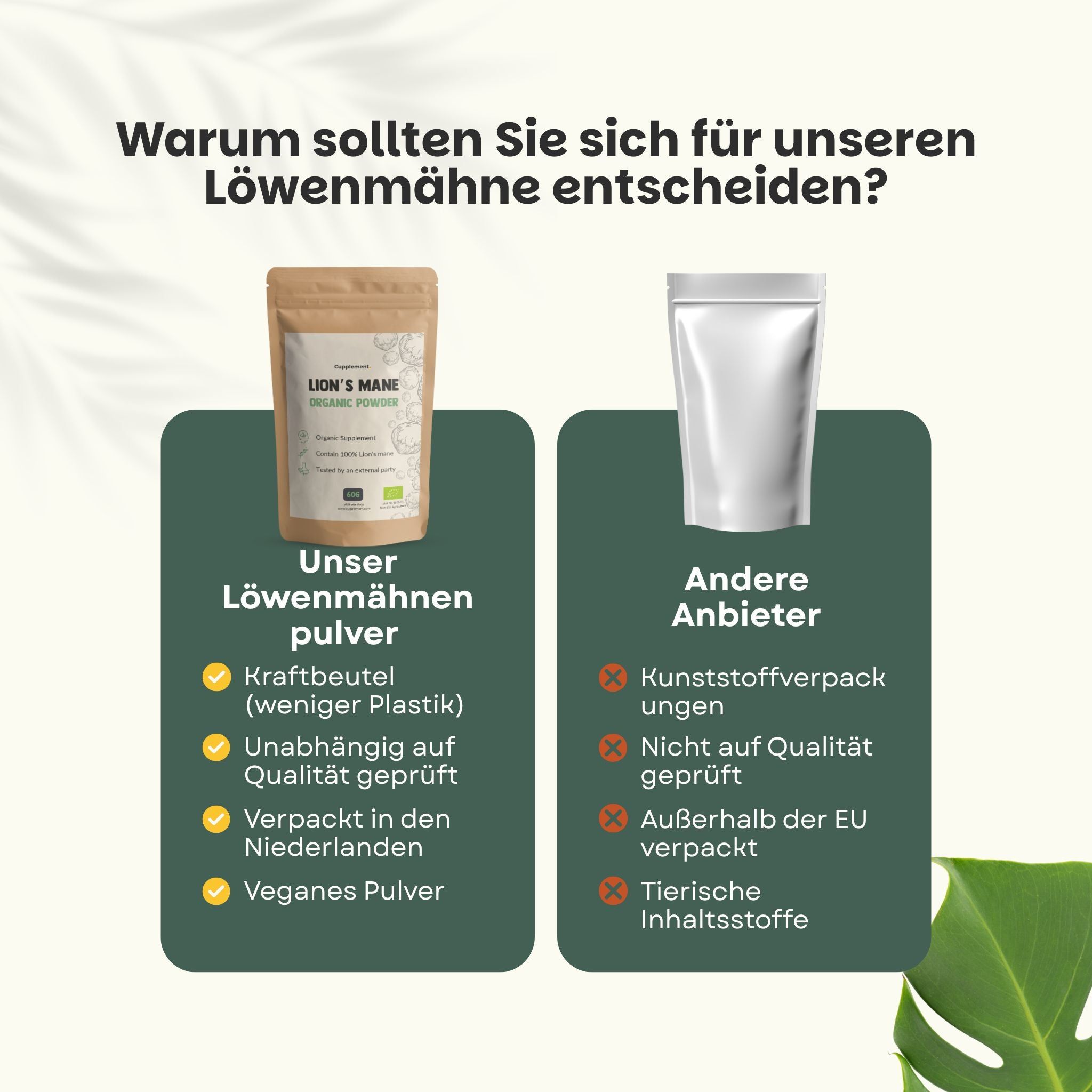 Vergleich: Unser Löwenmähnenpulver vs. andere Anbieter. Kraftbeutel, vegan, unabhängig geprüft.