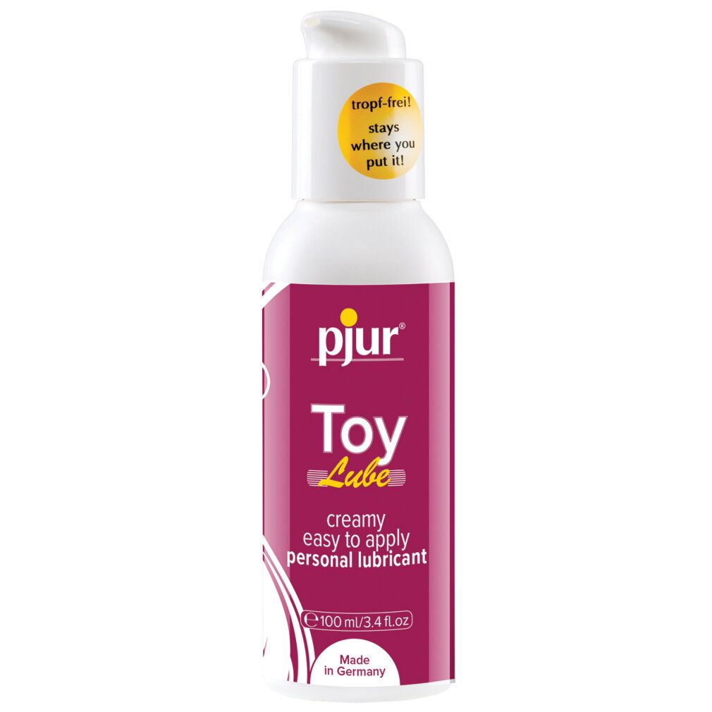 Weiße Flasche mit Pumpkopf. Aufdruck: pjur, Toy Lube. Roter Hintergrund. Aufkleber: tropffrei. Made in Germany.