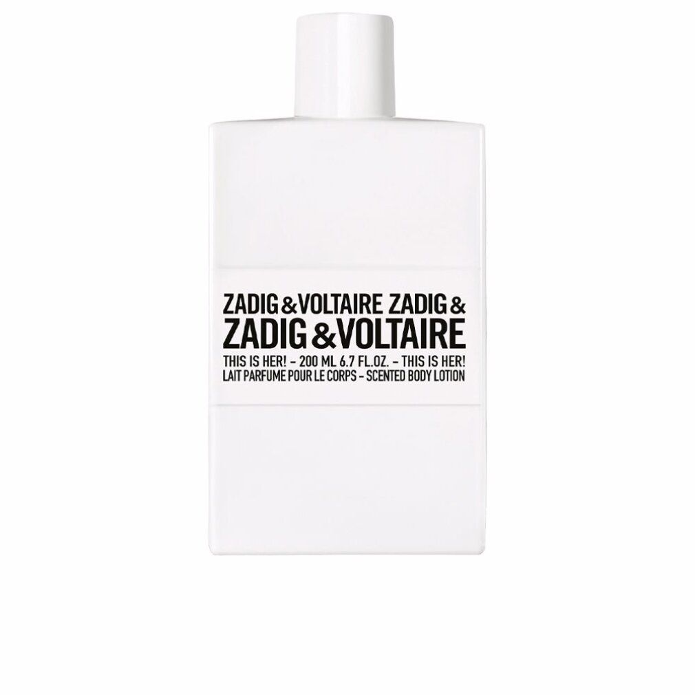 Weiße Flasche mit Aufschrift Zadig & Voltaire. Text: This is Her! Scented Body Lotion. 200 ml.