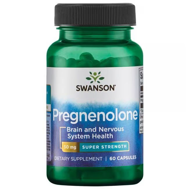 Grüne Flasche mit Swanson Pregnenolon 50 mg Kapseln. Schwarzer Deckel, weißes Etikett mit blauer Schrift. 60 Kapseln.