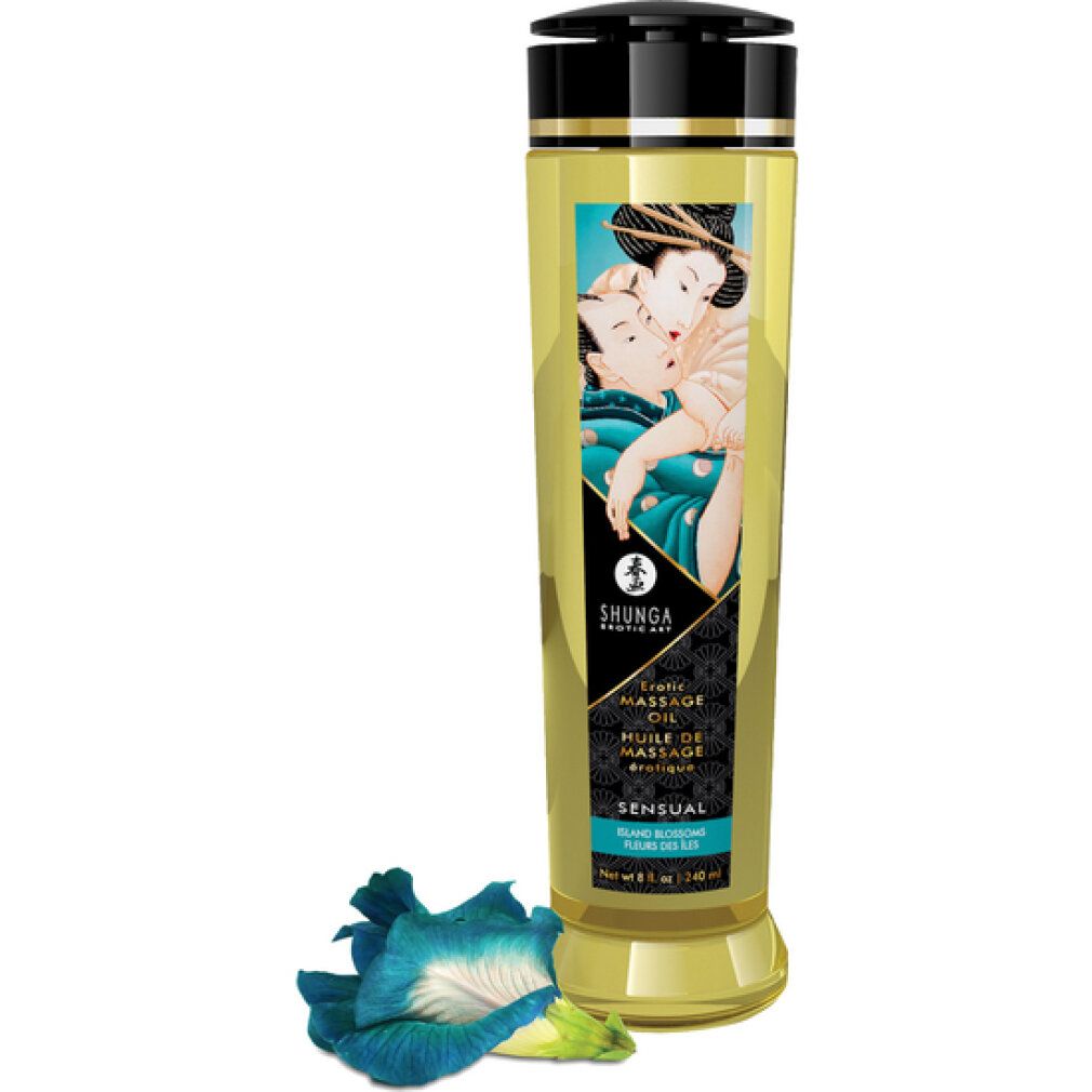 Massageöl-Flasche mit Etikett, das ein Paar zeigt. Sensual-Produkt mit blauer Blüte.