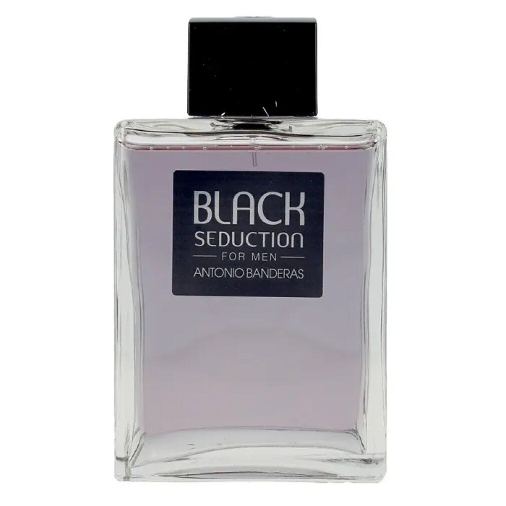Flakon mit schwarzem Verschluss. Aufkleber mit "BLACK SEDUCTION FOR MEN" und "ANTONIO BANDERAS".