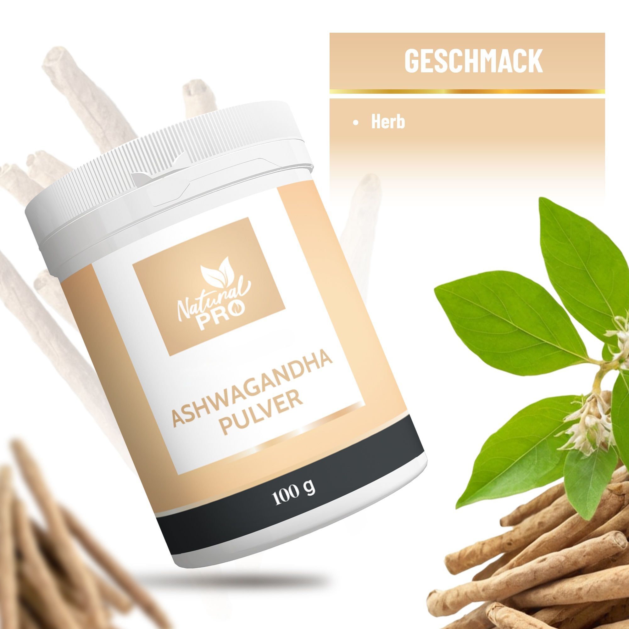 Eine Dose Ashwagandha Pulver mit Text: Geschmack, Herb. Hintergrund: Ashwagandha-Wurzeln und Blätter.