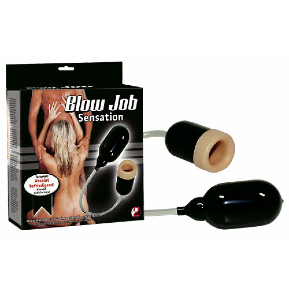Masturbator mit Pumpe und Röhre. Schwarzer Pumpball, transparente Schläuche, schwarzer Zylinder mit beigem Einsatz.