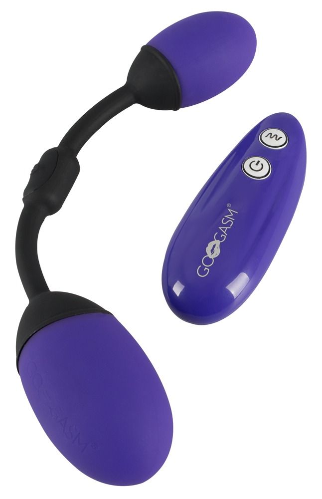 Lila Eier mit schwarzem Stiel und Fernbedienung. GoGasm-Logo auf der Fernbedienung.