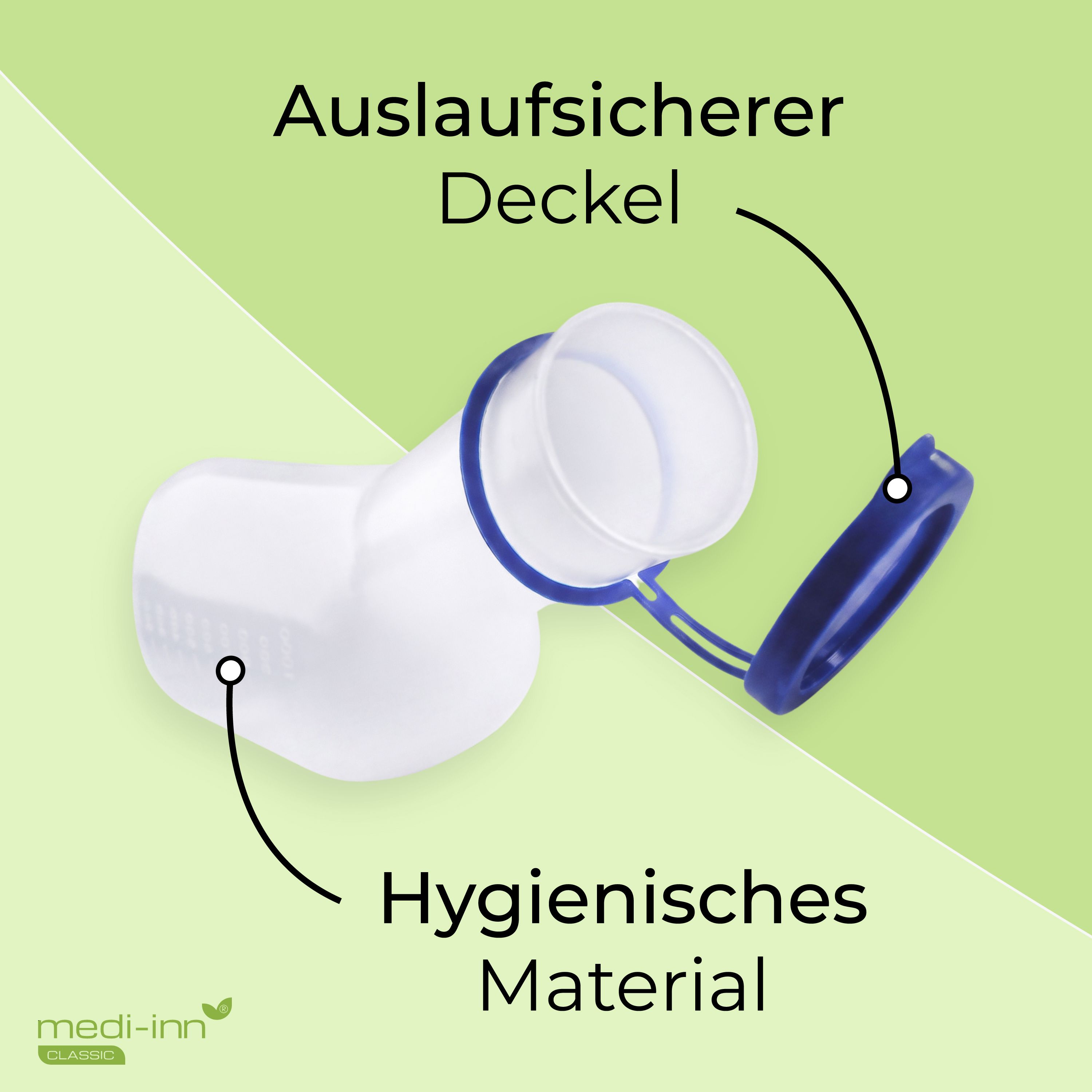 Transluzente Urinflasche mit geöffnetem blauem Deckel, Text 'Auslaufsicherer Deckel', 'Hygienisches Material'.
