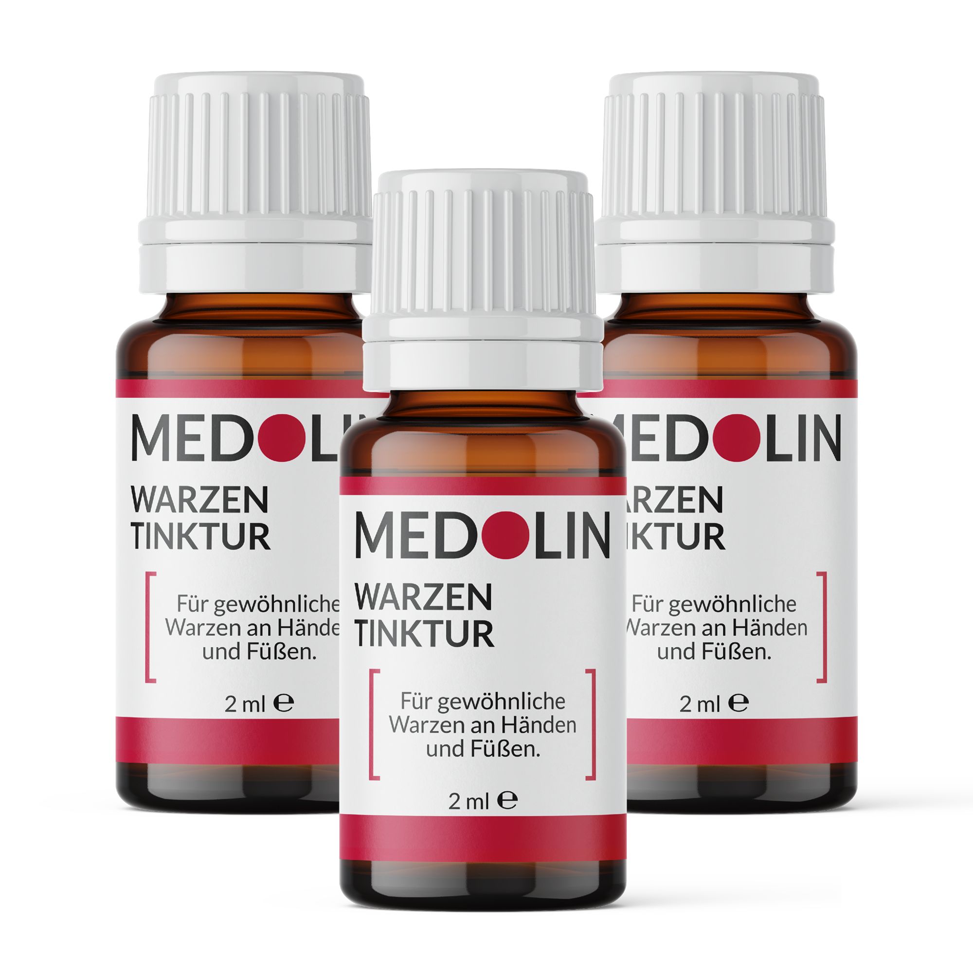 Drei braune Flaschen mit weißen Deckeln. Etikett mit MEDOLIN WARZEN TINKTUR. 2 ml. Für Warzen an Händen und Füßen.