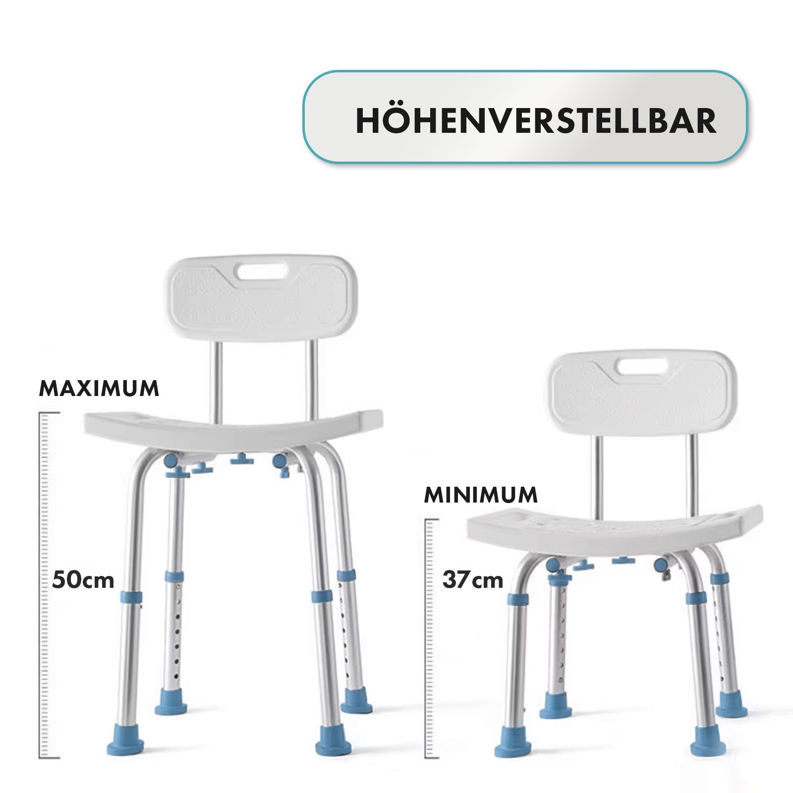 Zwei Duschstühle mit Rückenlehne. Einer auf maximaler, einer auf minimaler Höhe. Text: Höhenverstellbar.