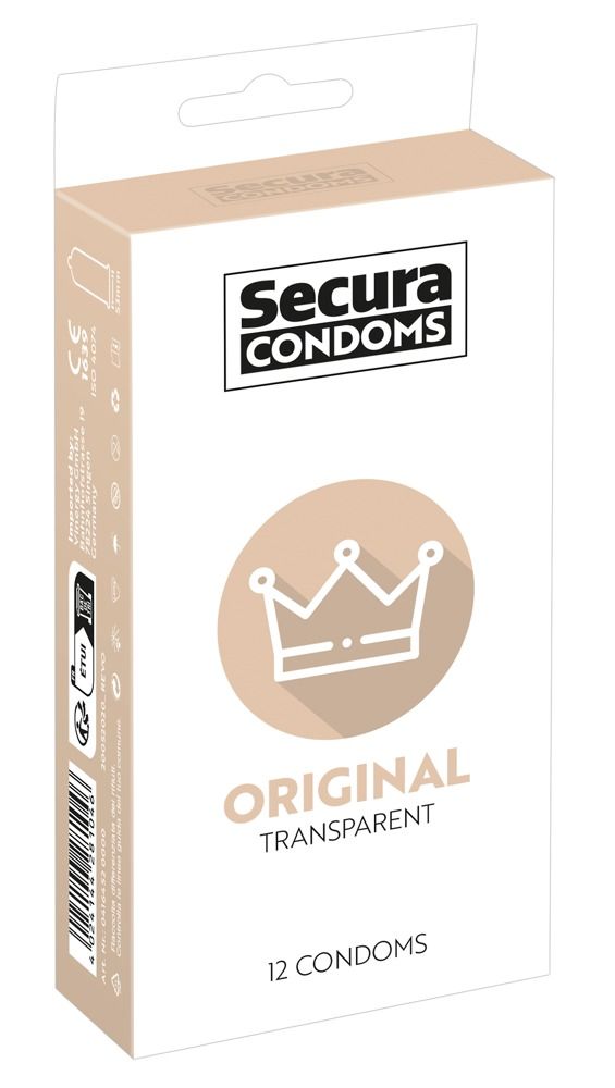 Verpackung von Secura Original Kondomen. Auf der Verpackung sind das Logo, eine Krone und die Bezeichnung 'Original Transparent' zu sehen.