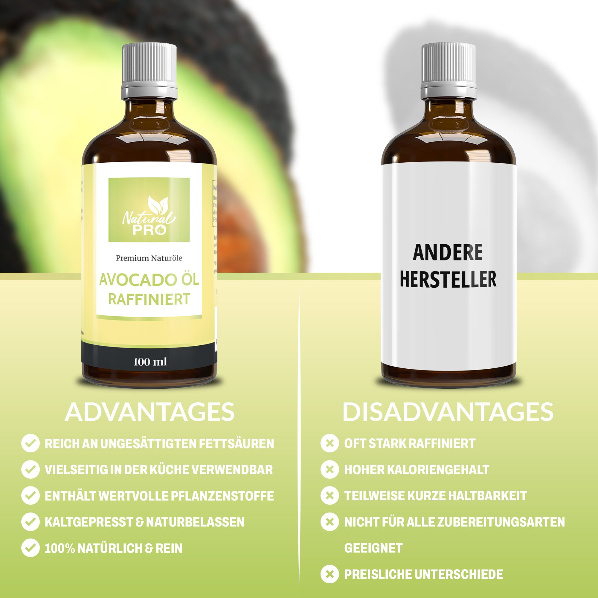 Vergleich von zwei Flaschen Avocado Öl. Links: Vorteile, rechts: Nachteile. Text und grüne Check-Symbole.