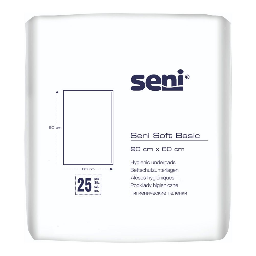 Verpackung mit 25 Seni Soft Basic Hygieneschutzunterlagen, 90 x 60 cm.