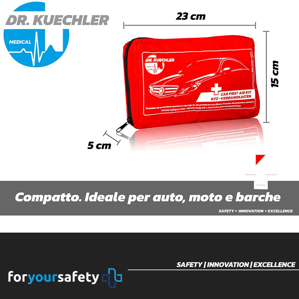 Rote KFZ-Verbandtasche mit Maßen: 23x15x5 cm. Aufdruck: Auto, Kreuz, Text. Marke: Dr. Kuechler Medical.