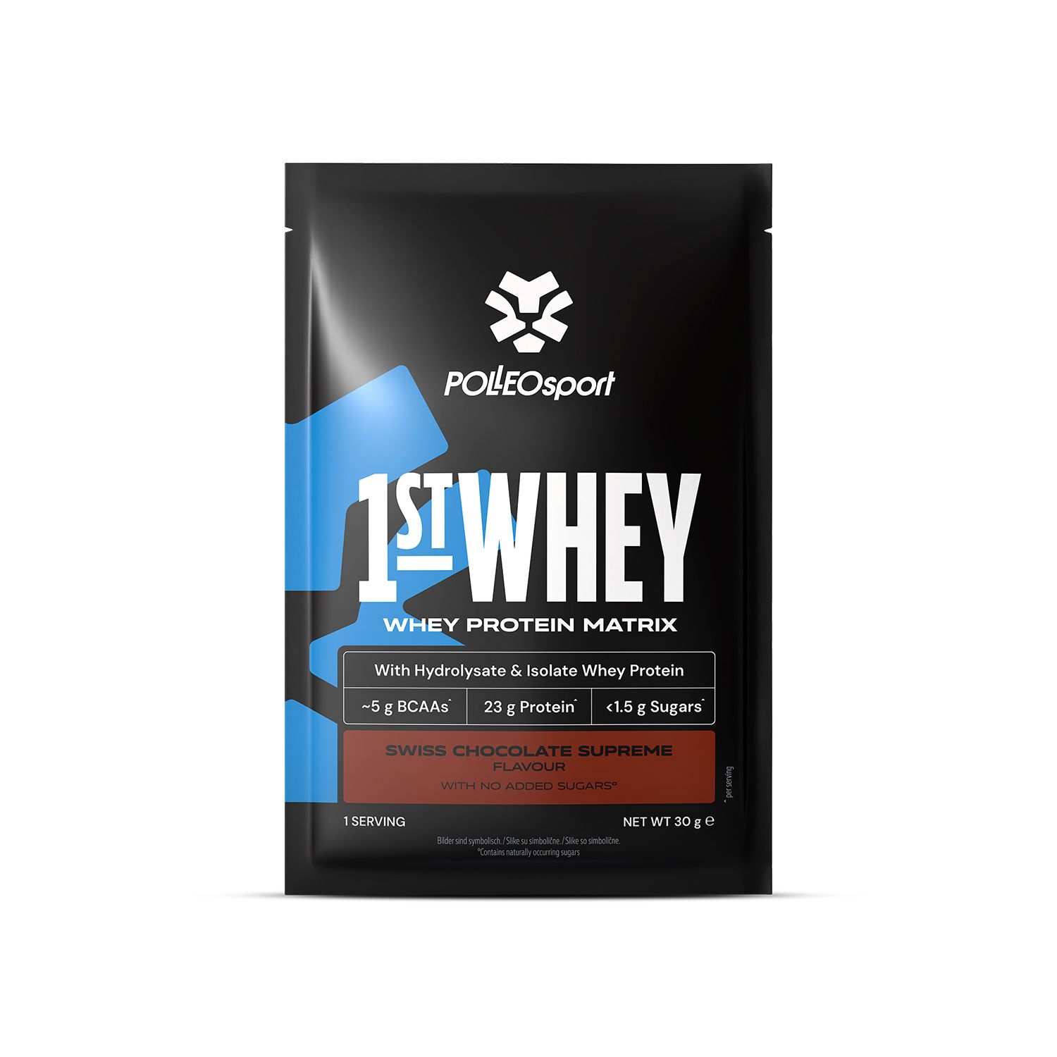 Polleo 1st Whey Protein Matrix Beutel, Swiss Chocolate Supreme Geschmack, 30g.