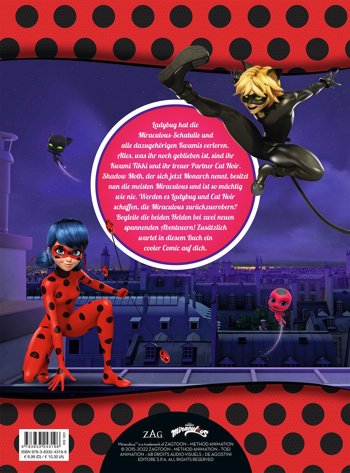 Rückseite eines Buches mit Ladybug und Cat Noir. Text und Illustrationen auf rotem und schwarzem Hintergrund mit Punkten.