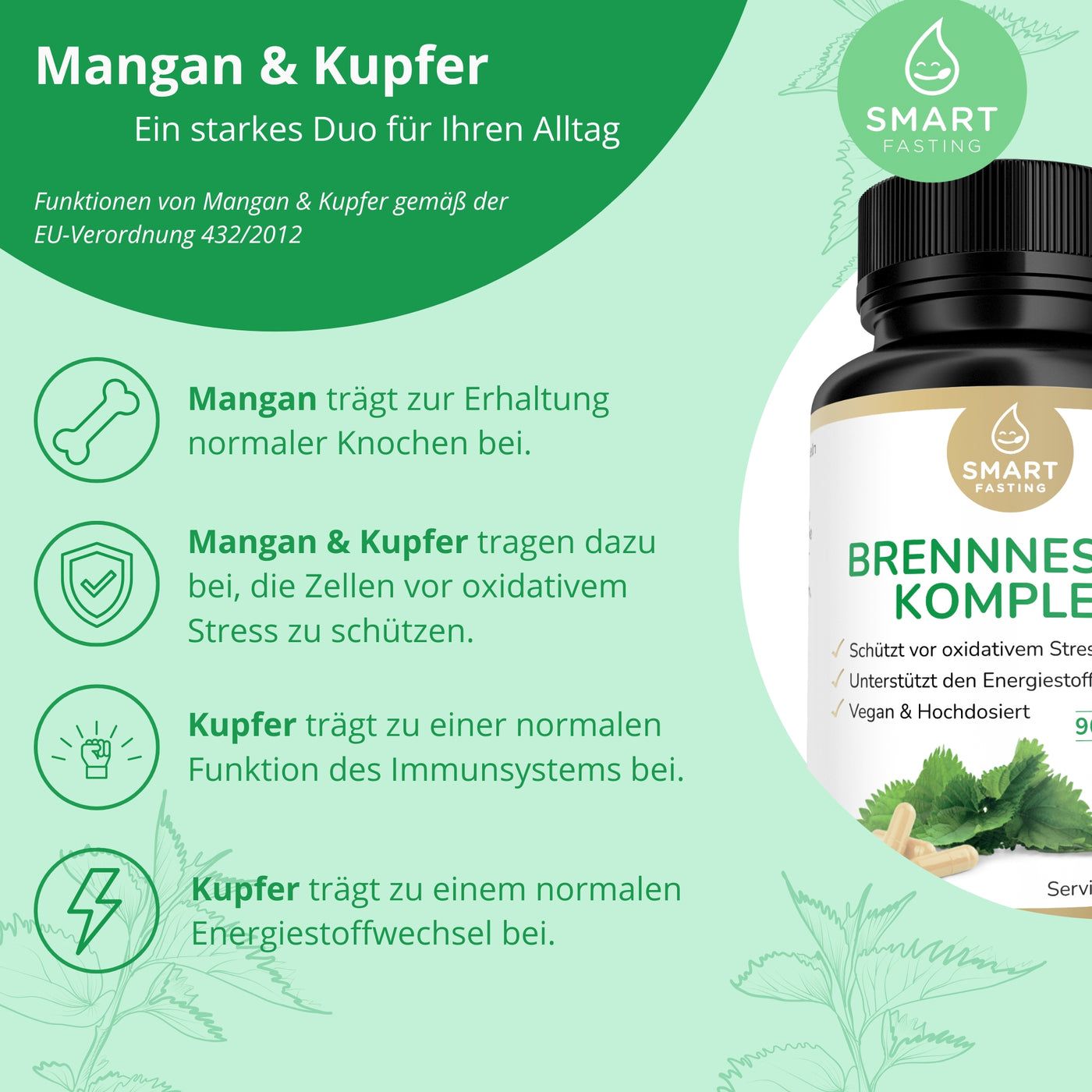 Eine Flasche mit schwarzem Deckel und der Aufschrift "BRENNNESSEL KOMPLEX". Daneben Kapseln und grüne Blätter.