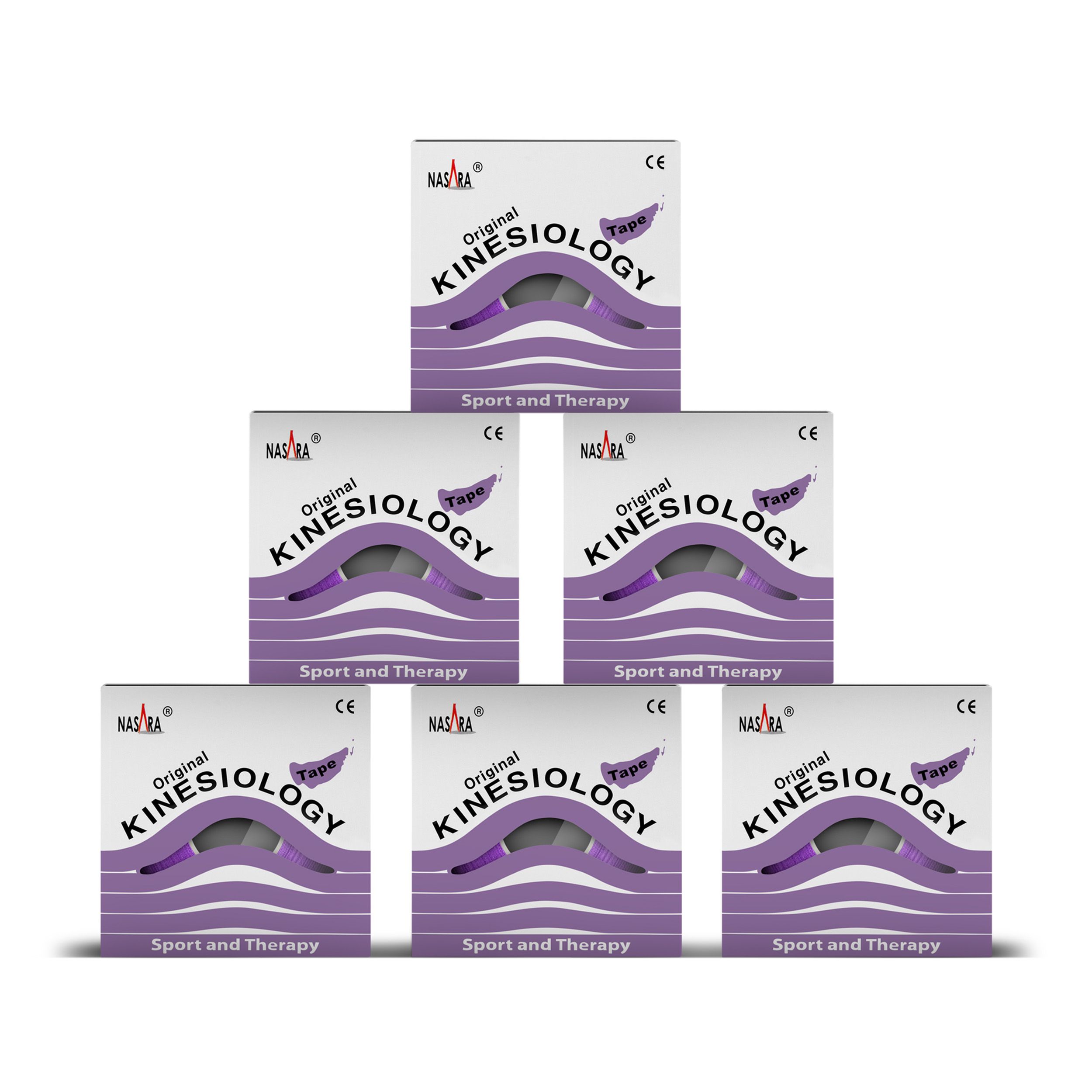 Sechs Kinesiologie Tape Boxen. Marke NASARA. Text: Original Kinesiology Tape, Sport and Therapy. CE-Zeichen. Lila.