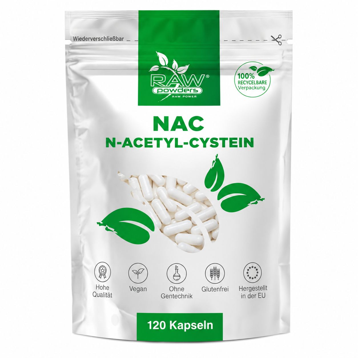 Ein Beutel mit 120 Kapseln NAC N-Acetyl-Cystein. Recycelbare Verpackung.