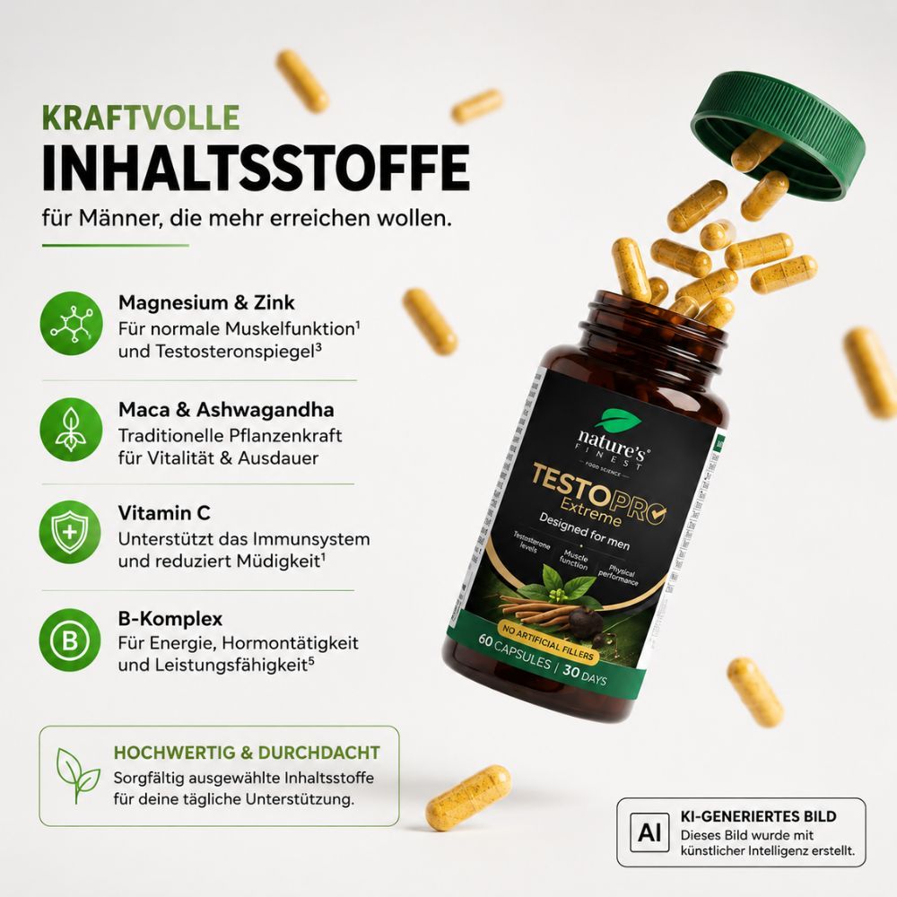 Flasche Nature's Finest TestoPRO Extreme mit herausfallenden Kapseln und Inhaltsstoffen.