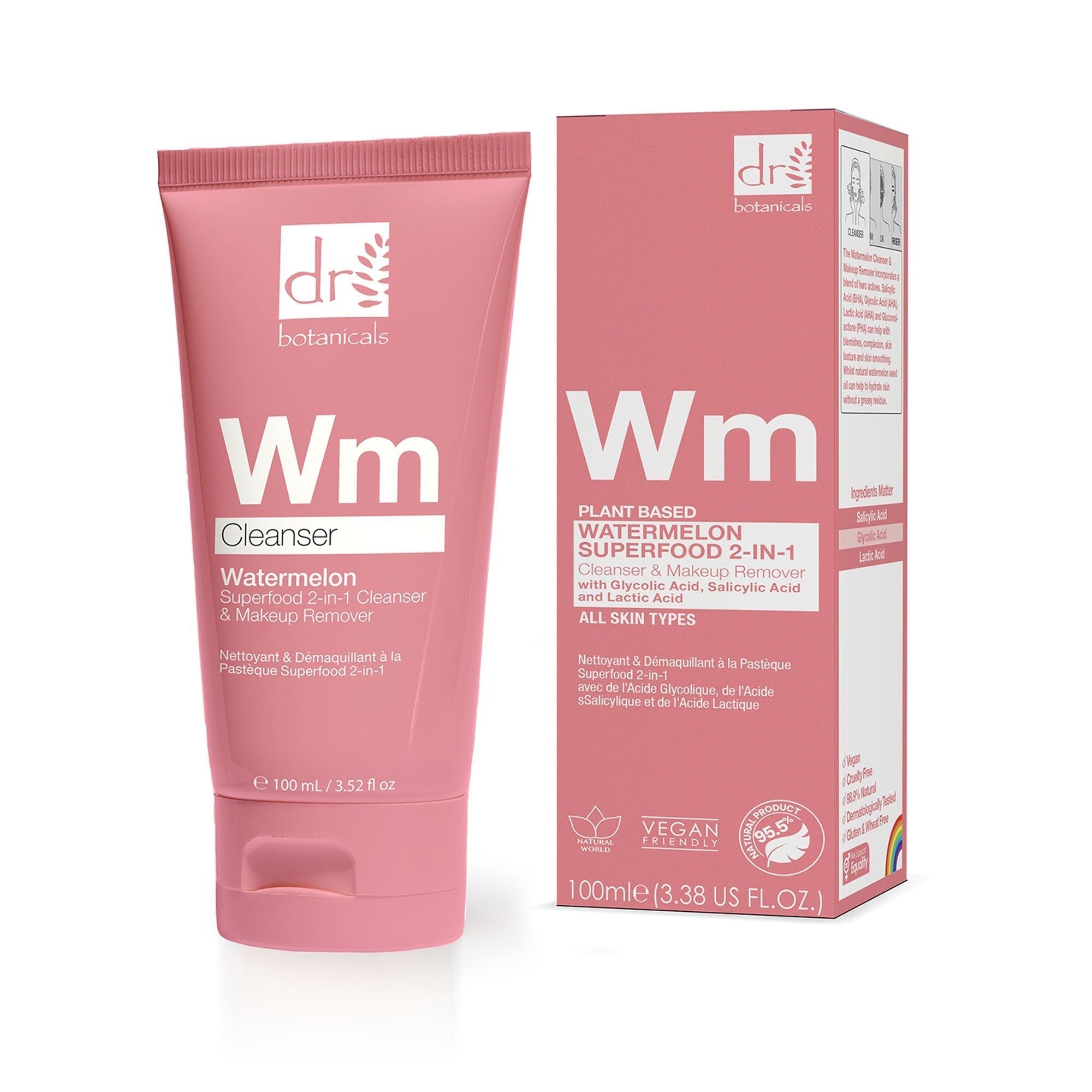 Rosa Tube mit "Wm Cleanser" und "Watermelon" Schriftzug. Daneben eine Schachtel mit Produktinformationen und Logo.