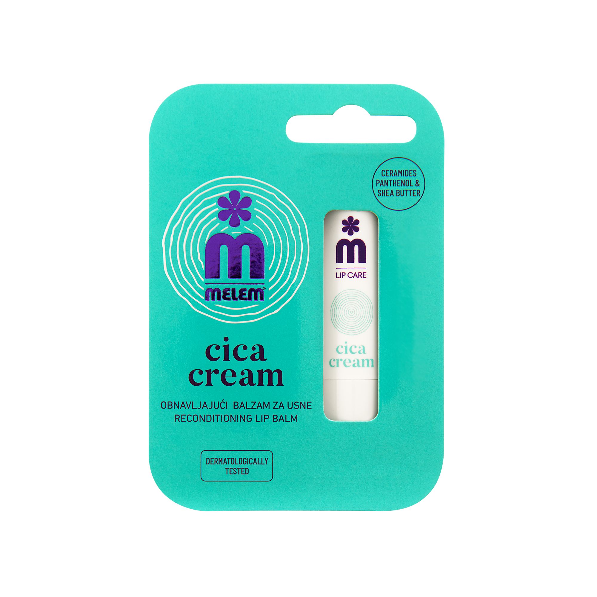 Lippenbalsam in Verpackung. Weißer Stift mit Aufschrift "cica cream". Türkis Verpackung mit Logo und Schriftzug "MELEM".