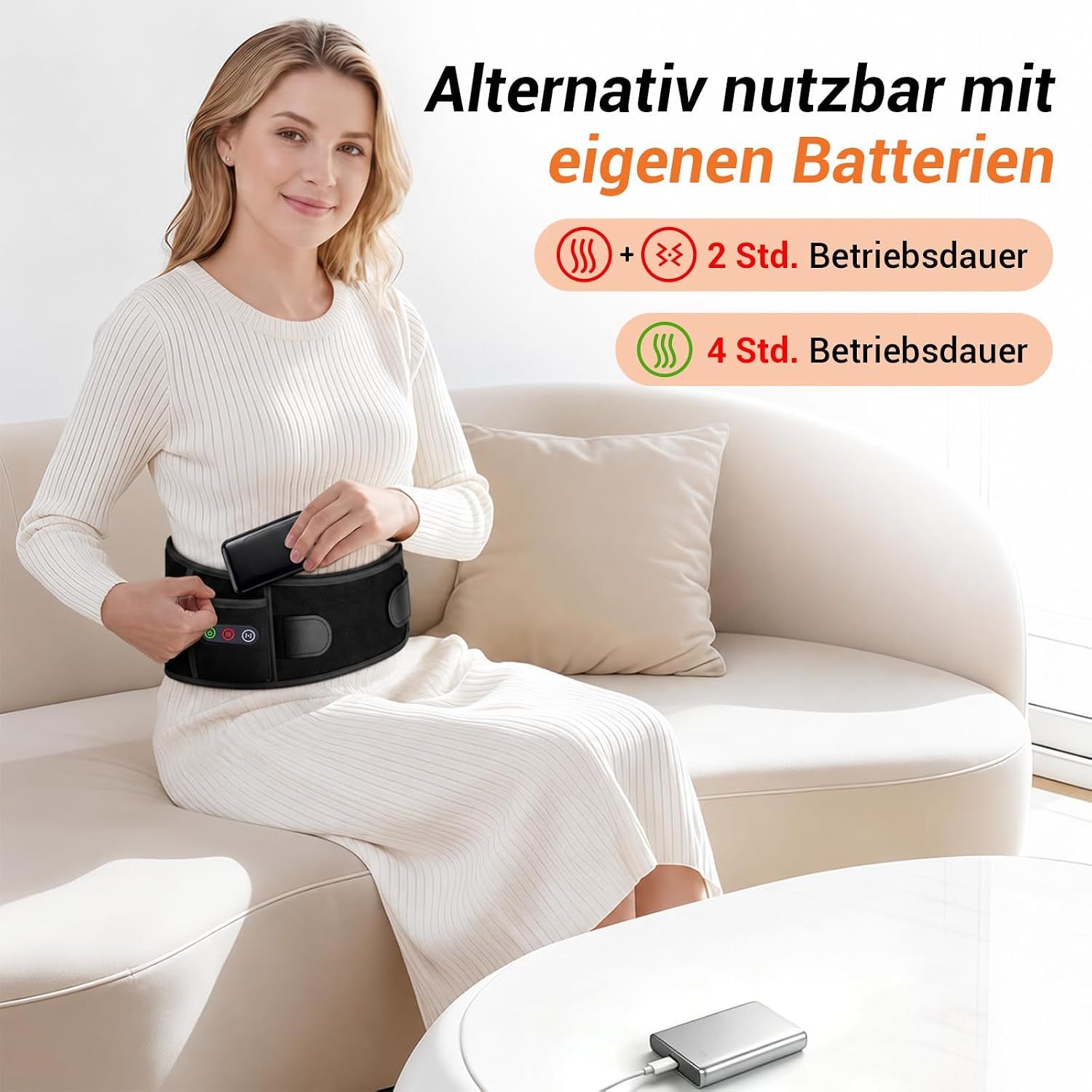 Schwarzer Rückenstützgürtel mit Heizelementen und Vibrationsmodulen, mit externem Akku.