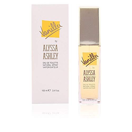 Flakon und Schachtel. Aufschrift: Vanilla by Alyssa Ashley. Eau de Toilette Natural Spray Vaporisateur. 100 ml.