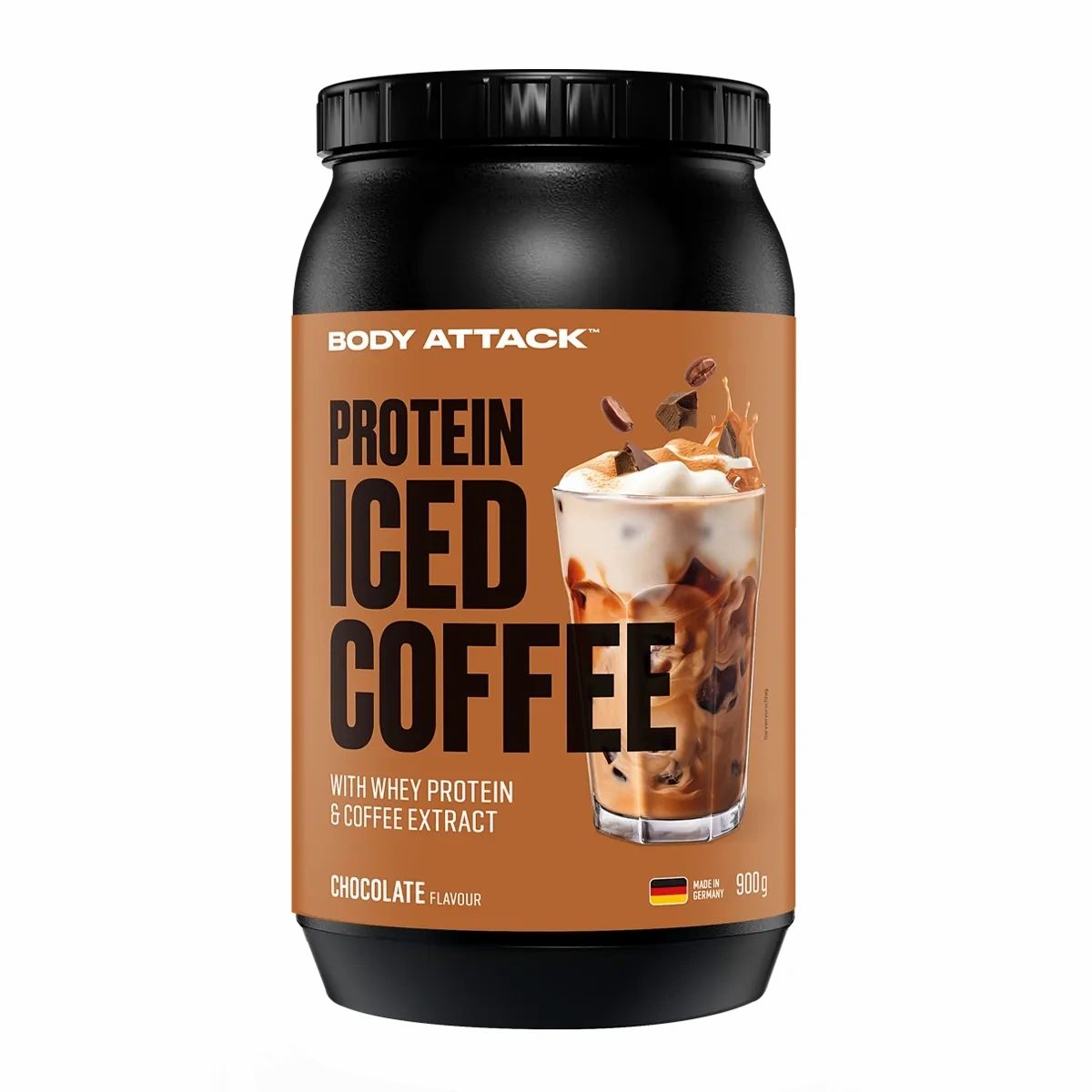 Body Attack Protein Iced Coffee Schokolade, 900g Dose mit Whey Protein und Kaffeeextrakt.