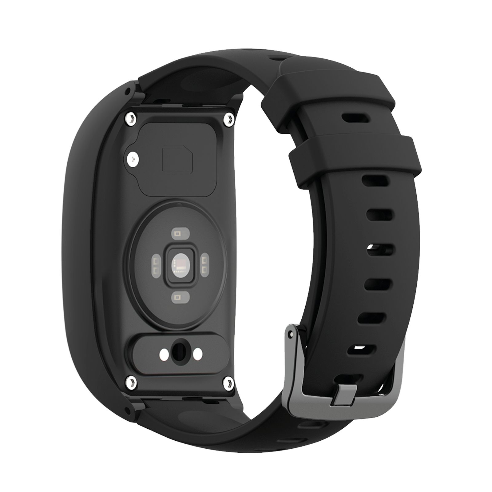 Rückseite einer schwarzen Smartwatch mit Herzfrequenzsensor.