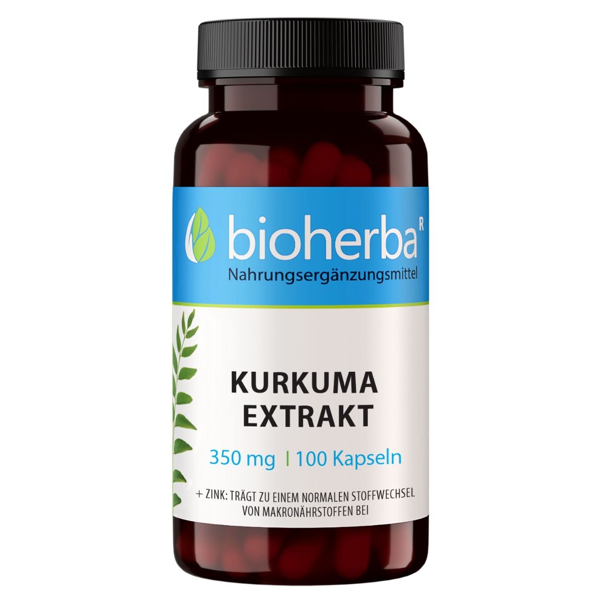 Bioherba Kurkuma Extrakt Kapseln. Braune Flasche mit schwarzem Deckel. Enthält Kapseln. Produktetikett mit Text.