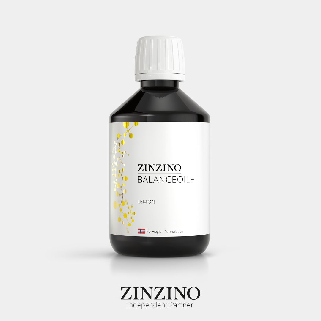 Schwarze Flasche mit weißem Etikett. Aufschrift: Zinzino BalanceOil+, Lemon. Logo unten.