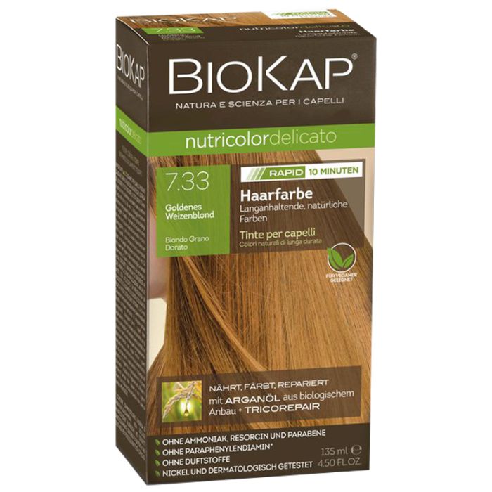 Schachtel Biokap Nutricolor Rapid. Haarfarbe 7.33 Goldenes Weizenblond. Text in Deutsch und Italienisch. 135 ml.